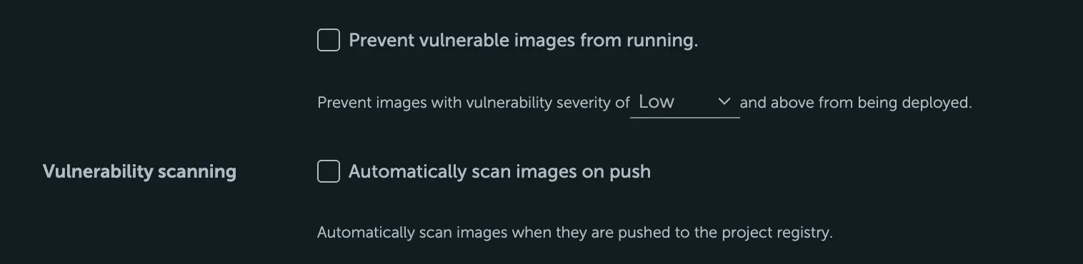 Screenshot of the "Vulnerability scanning" configuration settings within the STACKIT Container Registry user interface. The view features two unchecked options: "Prevent vulnerable images from running" with an inline dropdown menu set to a severity of "Low", and "Automatically scan images on push" accompanied by brief explanatory descriptions below each toggle.