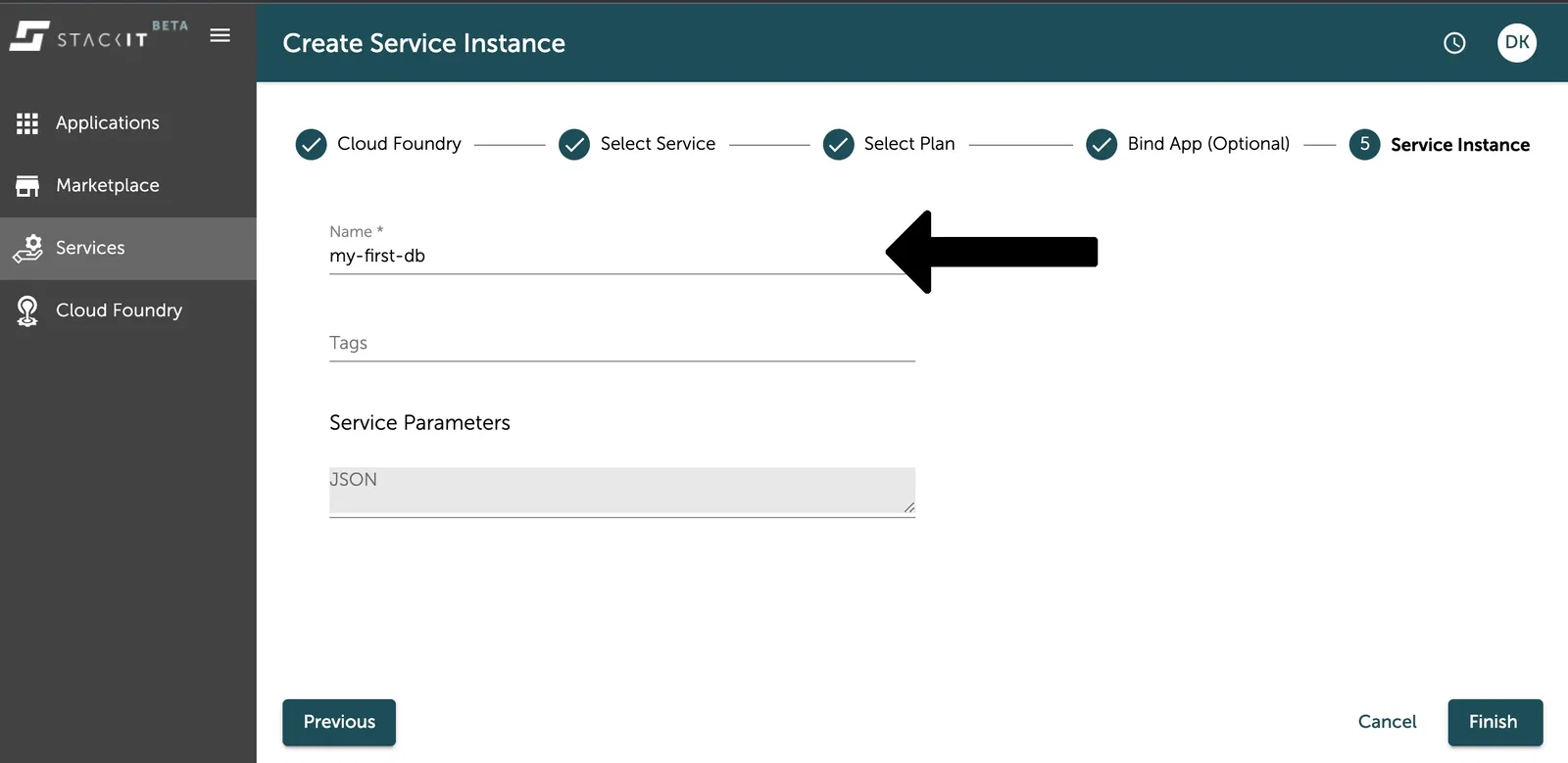 A screenshot of the STACKIT UI showing the fifth and final step of the service creation wizard: "Service Instance".
