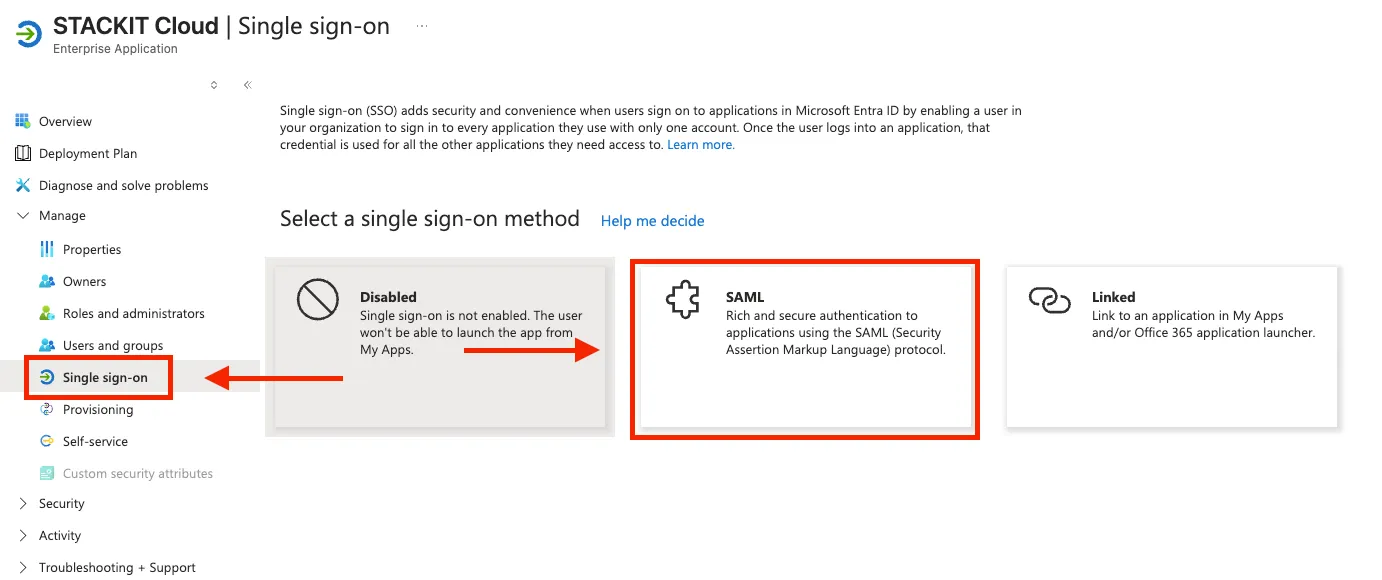 Microsoft Entra ID Single sign-on method selection with SAML highlighted