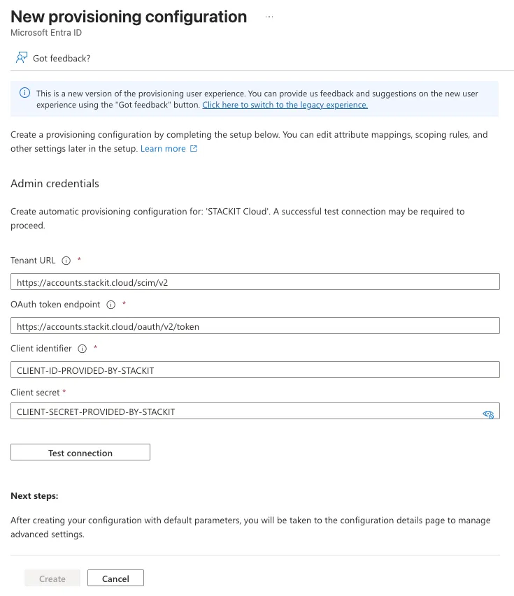 Example view of New provisioning configuration