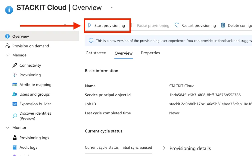 Example view of Start provisioning button in Microsoft Entra ID